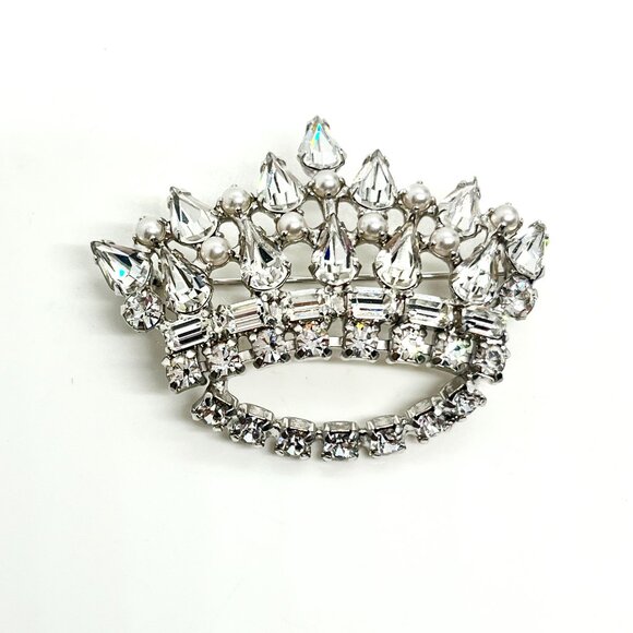VINTAGE B DAVID CROWN BROOCH RHINESTONE PEARL SILVERTONE TIARA PIN 2” SPARKLE - Picture 1 of 11